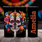 Personalized Floral Mexican Sugar Skull 20oz Skinny Tumbler with Lid and Straw Day of the Dead Halloween Gift for Family Skull Lovers