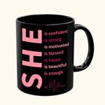 Spersonalizowany kubek do kawy Self Care She Is Motivational 11oz Black Ceramic z imieniem i inspirującymi cytatami Zachęta Afirmacja Prezent dla kobiet