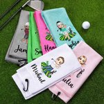 Personalised Colourful Male Female Cartoon Characters Quick Dry Waffle Towel with Name Golf Course Sports Accessories Gift for Golf Lovers