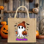 Personalized Halloween Theme Cute Pumpkin Drinking Ghost Trick or Treat Jute Tote Bag with Name Halloween Festival Gift for Boys Girls