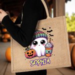 Personalized Halloween Theme Cute Pumpkin Drinking Ghost Trick or Treat Jute Tote Bag with Name Halloween Festival Gift for Boys Girls