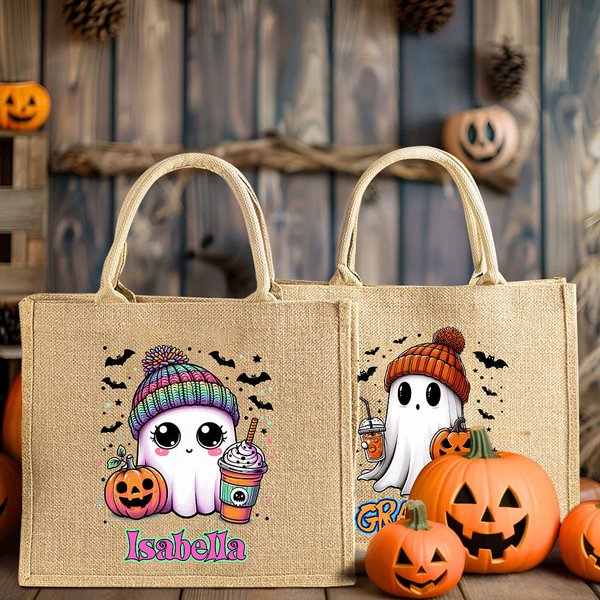 Personalizzato a tema Halloween Carina la zucca che beve il fantasma Dolcetto o scherzetto Borsa di iuta con nome Regalo per la festa di Halloween per bambini e bambine