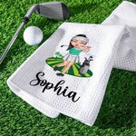 Personalised Colourful Male Female Cartoon Characters Quick Dry Waffle Towel with Name Golf Course Sports Accessories Gift for Golf Lovers
