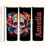Personalized Floral Mexican Sugar Skull 20oz Skinny Tumbler with Lid and Straw Day of the Dead Halloween Gift for Family Skull Lovers