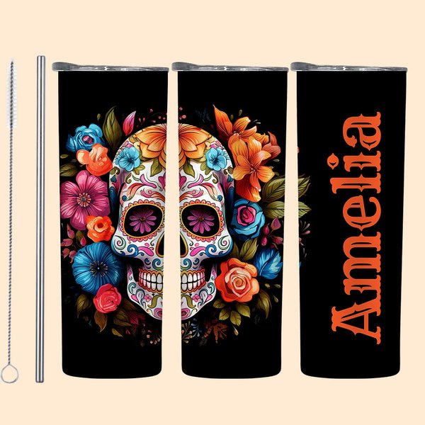Vaso Personalizado Floral Mexican Sugar Skull 20oz Skinny Tumbler con Tapa y Pajita Day of the Dead Halloween Gift for Family Skull Lovers
