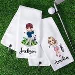 Personalised Colourful Male Female Cartoon Characters Quick Dry Waffle Towel with Name Golf Course Sports Accessories Gift for Golf Lovers