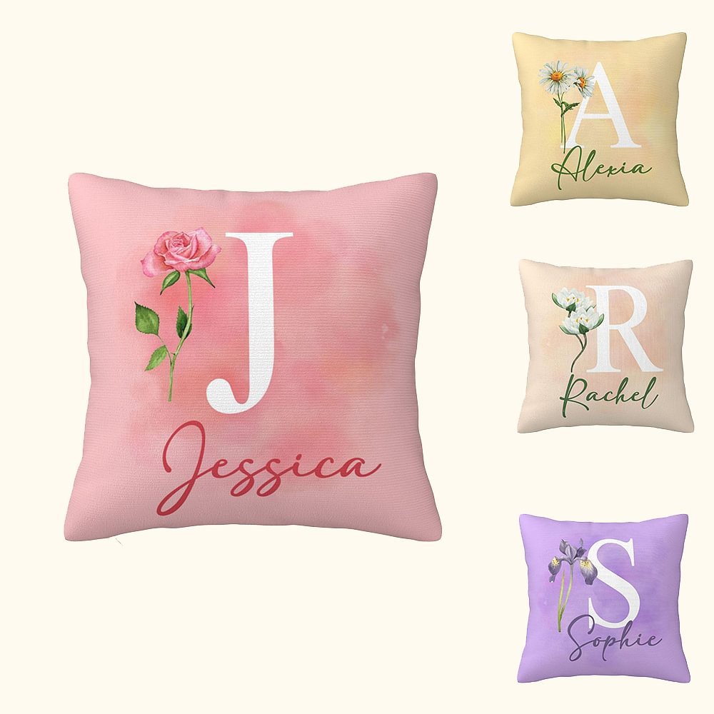 Gepersonaliseerde geboorte bloem initiaal kussenhoes met naam Home Decor Bachelorette Party Gift voor haar 1