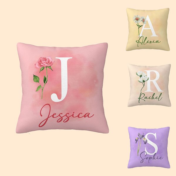 Gepersonaliseerde geboorte bloem initiaal kussenhoes met naam Home Decor Bachelorette Party Gift voor haar