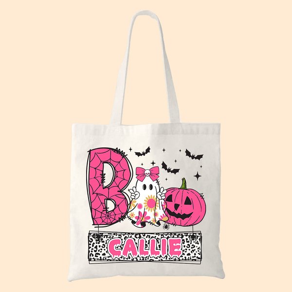 Personalisierte Kürbis Boo Cartoon Junge Mädchen Geist Trick or Treat Canvas Tragetasche mit Namen Tote Bag Halloween Festival Geschenk für Kinder