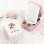 Personalized Birth Flower Portable Leather Travel Jewelry Box with Name and LED Three-color Adjustable Makeup Mirror Birthday Gift for Women