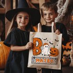 Personalisierte Kürbis Boo Cartoon Junge Mädchen Geist Trick or Treat Canvas Tragetasche mit Namen Tote Bag Halloween Festival Geschenk für Kinder