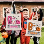 Personalisierte Kürbis Boo Cartoon Junge Mädchen Geist Trick or Treat Canvas Tragetasche mit Namen Tote Bag Halloween Festival Geschenk für Kinder