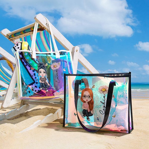 Personalizado lindo personaje de dibujos animados holográfica transparente bolsa de asas con la flor de nacimiento y el nombre de uso diario regalo de