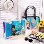 Personalizado lindo personaje de dibujos animados holográfica transparente bolsa de asas con la flor de nacimiento y el nombre de uso diario regalo de