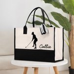 Personalised Golf Girl Large Canvas Tote Bag with Name Daily Travel Work Essentials Mother's Day Birthday Gift for Golf Lovers Women
