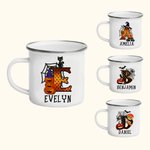 Taza esmaltada personalizada con nombre e inicial en forma de calabaza, murciélago y tela de araña de 11oz.