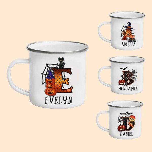 Tasse Émaillée 350ml Personnalisée avec Nom et Initiale Design Citrouille Chauve-souris Toile d'Araignée Cadeau d'Halloween pour les Enfants