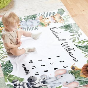 Gepersonaliseerd Tropisch Regenwoud Leeuw Zebra Mijlpaal Deken met Naam Baby Shower New Mom Gift voor Pasgeborene