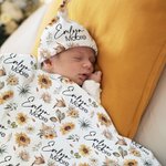 Personalized Sunflower Baby Girl Boy Soft Swaddle Blanket Knot Hat Set with Name Coming Home Outfit Birthday Baby Shower Gift for Newborns