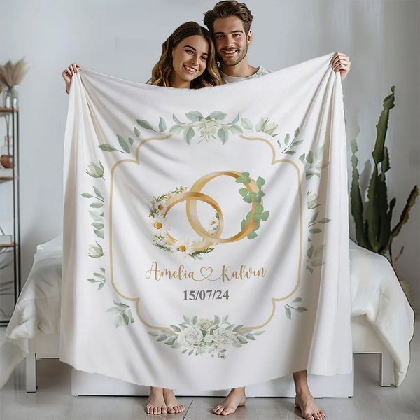 Couverture Personnalisée avec Noms Date Fleur et Feuille de Naissance Décoration de Maison Cadeau Anniversaire Mariage pour Couple