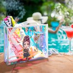 Personalizado lindo personaje de dibujos animados holográfica transparente bolsa de asas con la flor de nacimiento y el nombre de uso diario regalo de