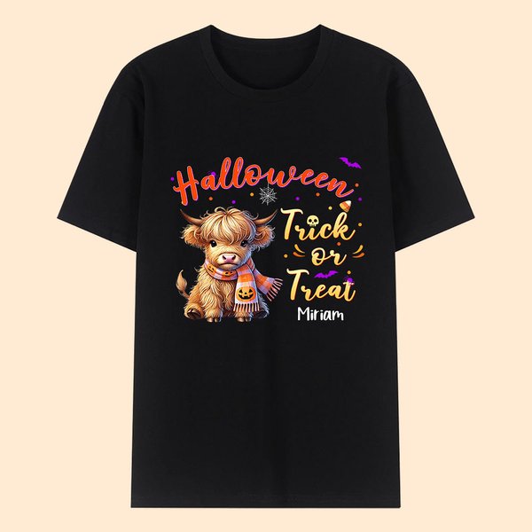Personalizado lindo Highland Vaca Diseño Niños Adulto Camiseta con Nombre Halloween Cumpleaños Regalo para la Familia Amigo