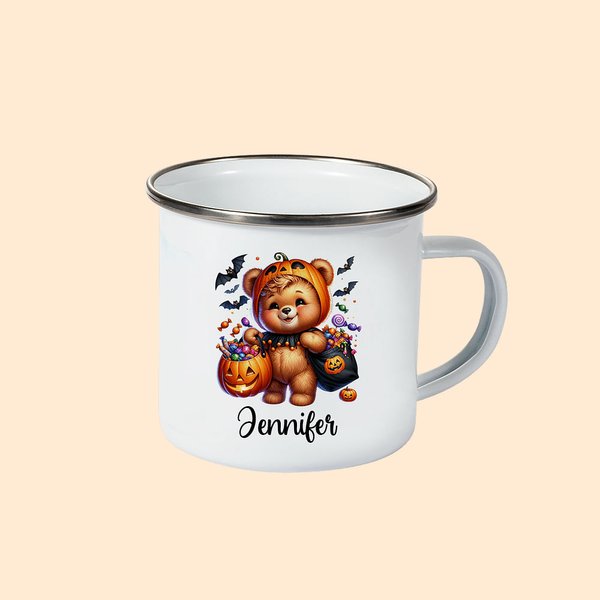 Tasse en Émail 350ml Personnalisée avec Nom Citrouille Aquarelle Animal Mignon Cadeau d'Halloween pour Garçons Filles