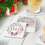Personalised Wishes Merry Mistletoe Wreath Set of 2 Ceramic Coasters with Last Name and Name Home Decor Christmas Housewarming Gift for Family