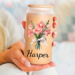 Personlig Födelseblomma Bukett 20oz Namn Glas Tumbler med Bambu Lock och Halm Födelsedag Brud Dusch Present för Kvinnor