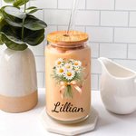 Personlig Födelseblomma Bukett 20oz Namn Glas Tumbler med Bambu Lock och Halm Födelsedag Brud Dusch Present för Kvinnor