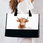 Spersonalizowana duża płócienna torba z imieniem i wstążką Floral Highland Cow Urodziny Boże Narodzenie Akcesoria podróżne Prezent dla niej