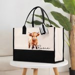 Spersonalizowana duża płócienna torba z imieniem i wstążką Floral Highland Cow Urodziny Boże Narodzenie Akcesoria podróżne Prezent dla niej