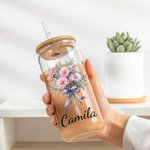 Personlig Födelseblomma Bukett 20oz Namn Glas Tumbler med Bambu Lock och Halm Födelsedag Brud Dusch Present för Kvinnor
