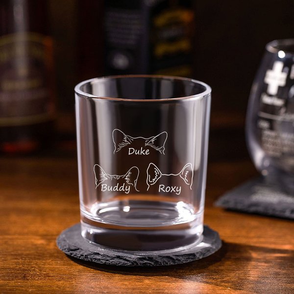 Personalised 1 - 6 Pet Ears Design Bourbon Whisky Glasses with Laser Engraved Name Birthday Father's Day Gift for Grandpa Dad Whisky Lovers
