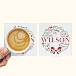 Personalised Wishes Merry Mistletoe Wreath Set of 2 Ceramic Coasters with Last Name and Name Home Decor Christmas Housewarming Gift for Family