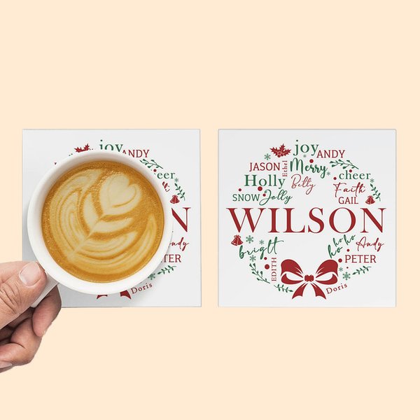 Personalised Wishes Merry Mistletoe Wreath Set of 2 Ceramic Coasters with Last Name and Name Home Decor Christmas Housewarming Gift for Family