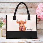 Spersonalizowana duża płócienna torba z imieniem i wstążką Floral Highland Cow Urodziny Boże Narodzenie Akcesoria podróżne Prezent dla niej