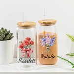 Personlig Födelseblomma Bukett 20oz Namn Glas Tumbler med Bambu Lock och Halm Födelsedag Brud Dusch Present för Kvinnor
