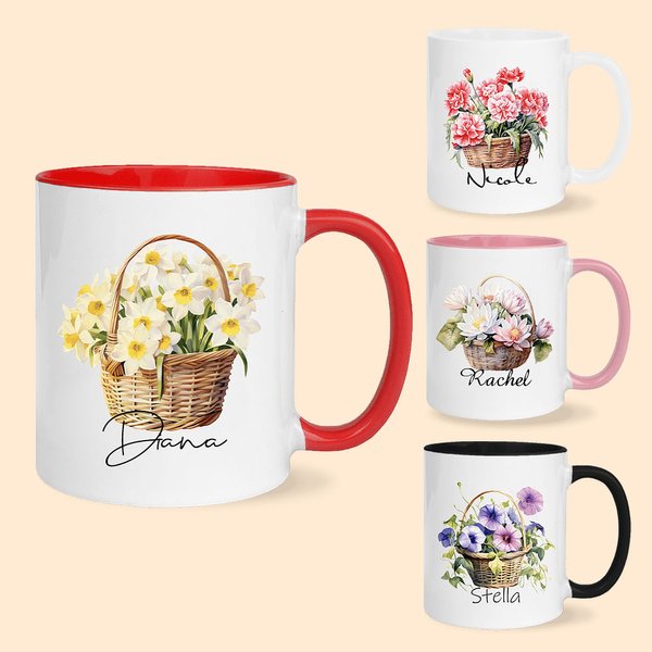 Personalised Birth Flower Basket 11oz Ceramic Coffee Mug with Name Birthday Gift for Women