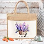 Personalized Birth Flower Name Large Reusable Jute Bag with Front Pocket Festival Birthday Gift for Women