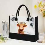 Spersonalizowana duża płócienna torba z imieniem i wstążką Floral Highland Cow Urodziny Boże Narodzenie Akcesoria podróżne Prezent dla niej