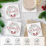 Personalised Wishes Merry Mistletoe Wreath Set of 2 Ceramic Coasters with Last Name and Name Home Decor Christmas Housewarming Gift for Family