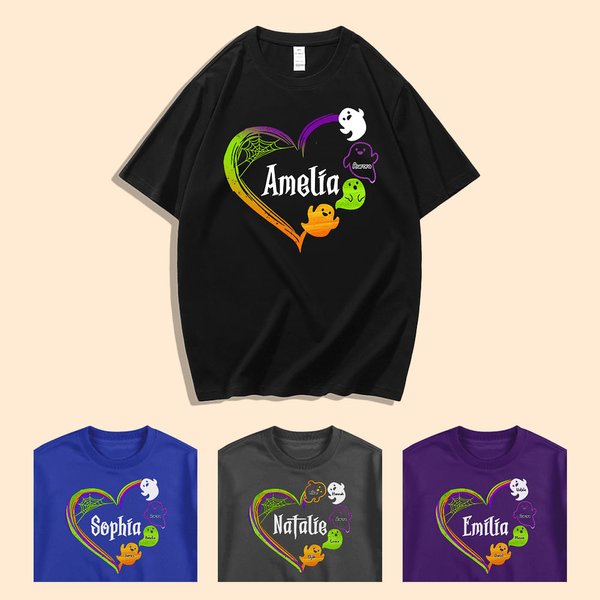 Personalizada Halloween Fantasmas Familia Corazón Diseño Camiseta Sudadera Sudadera con capucha con 1-13 Nombre Halloween Regalo para Mamá Abuela