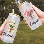 Personlig Födelseblomma Bukett 20oz Namn Glas Tumbler med Bambu Lock och Halm Födelsedag Brud Dusch Present för Kvinnor