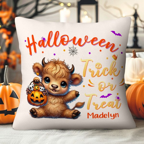 Personalisierte Kürbisse Hochland Kuh weiches Kissen Abdeckung mit Namen Home Decor Halloween Housewarming Geschenk für Familie Freund