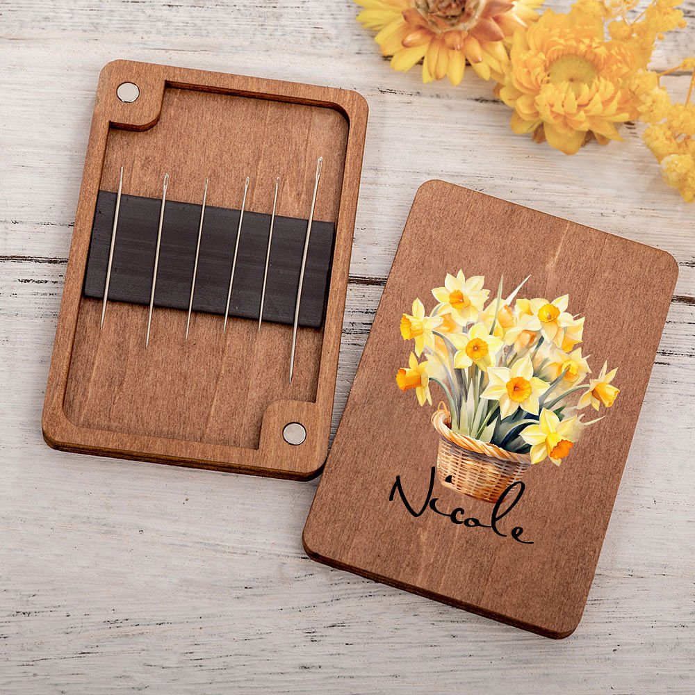 Personalisierte Geburt Blume Blumenstrauß Korb hölzerne magnetische Nadel-Box mit Namen Geburtstag Jahrestag Geschenk für Nähen Liebhaber 3