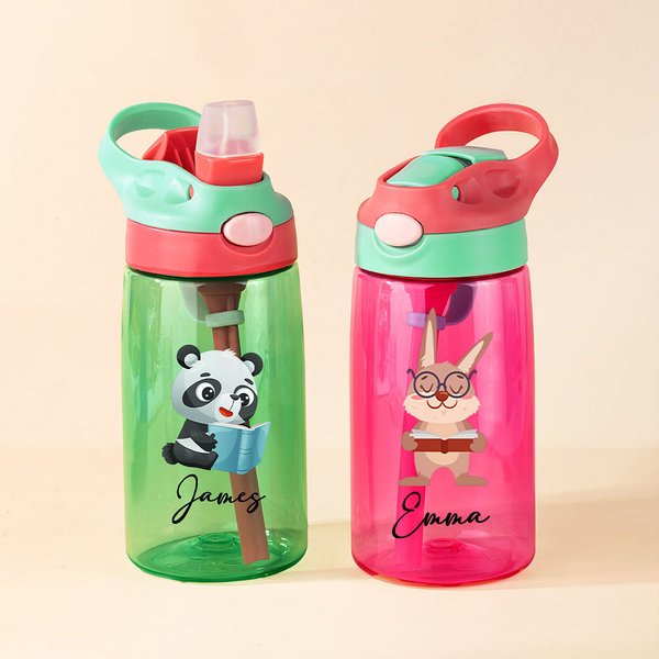 Bouteille Personnalisée avec Nom Motif d'Animal Paille en Silicone Couvercle Anti-Débordement avec Anse Cadeau Anniversaire pour Enfant