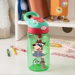Bouteille Personnalisée avec Nom Motif d'Animal Paille en Silicone Couvercle Anti-Débordement avec Anse Cadeau Anniversaire pour Enfant