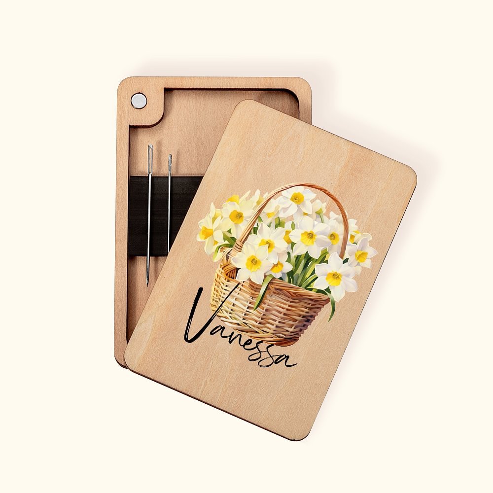 Personalisierte Geburt Blume Blumenstrauß Korb hölzerne magnetische Nadel-Box mit Namen Geburtstag Jahrestag Geschenk für Nähen Liebhaber 1
