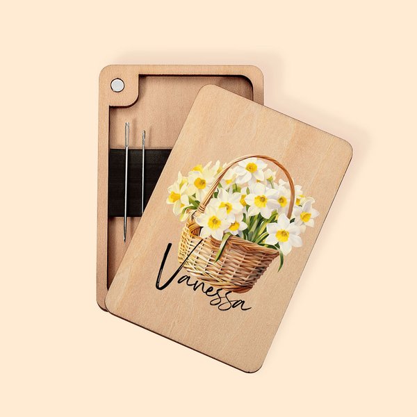 Personalisierte Geburt Blume Blumenstrauß Korb hölzerne magnetische Nadel-Box mit Namen Geburtstag Jahrestag Geschenk für Nähen Liebhaber